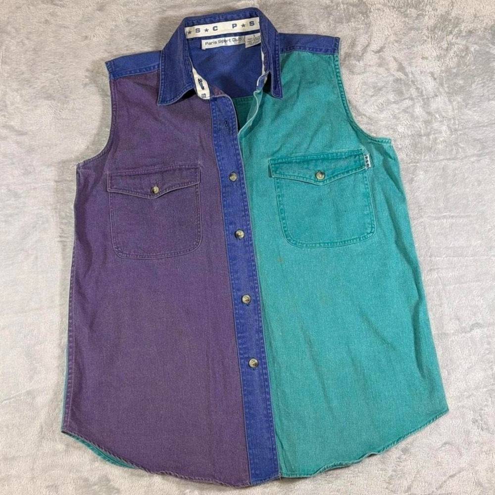 90s Vintage Paris‎ Sport Club Rugrats Colorblock Sleeveless Button-Up | | S